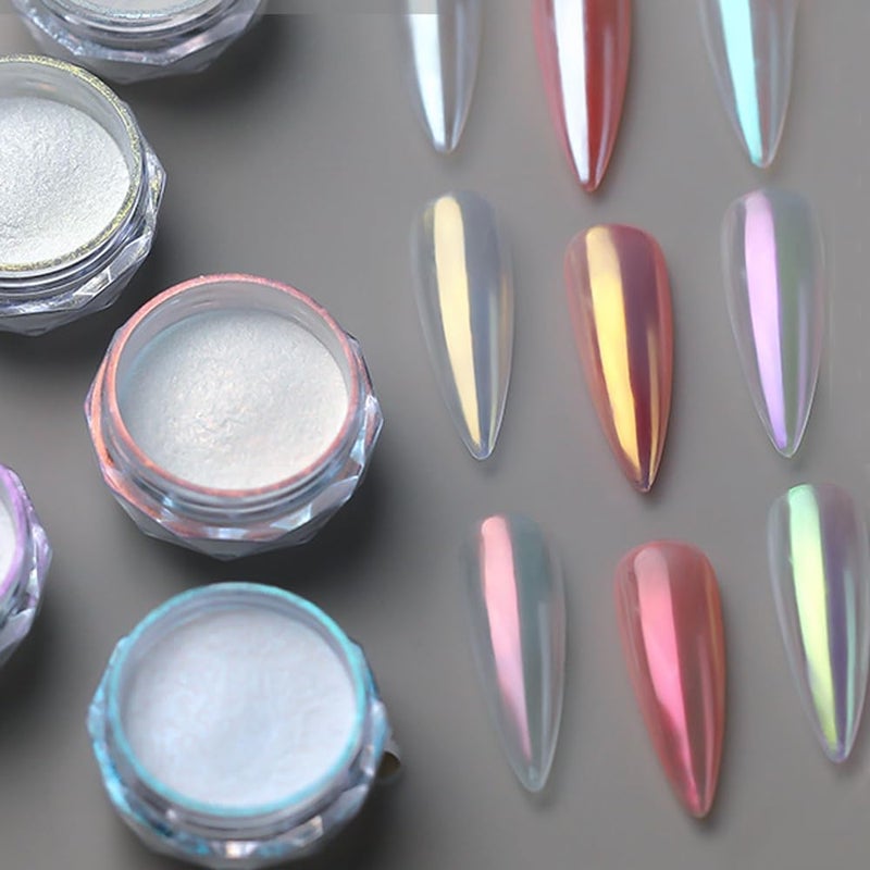 Pretty Diva 8 Colors Iridescent Pearl Chrome Nail Powder, Aurora Pearl Nails Chrome White Pearl Chrome Powder for Nails Metallic Manicure Pigment - Image 1